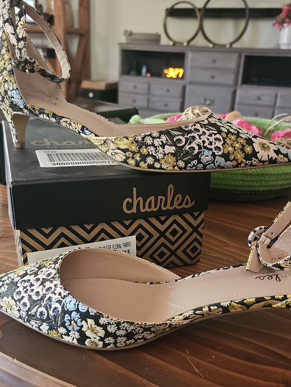 Charlies Black Floral Pointed-Toe Ankle-Strap Kitten Heels